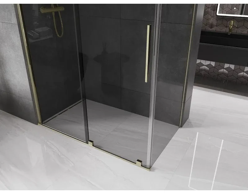 Mexen Velar, sprchový kút s posuvnými dverami 150 x 70 cm, 8mm šedé sklo, zlatá lesklá, 871-150-070-41-50