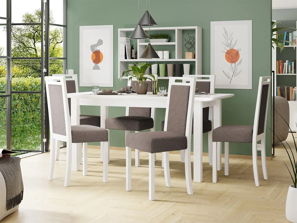 Rozkladací stôl so 6 stoličkami AL10, Morenie: biela, Poťahové látky: Hygge D20