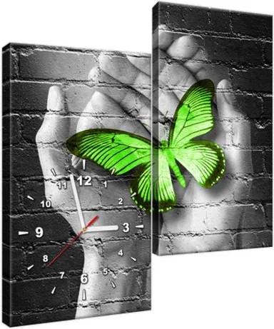 Obraz s hodinami Zelený motýľ v dlaniach 60x60cm ZP2362A_2J