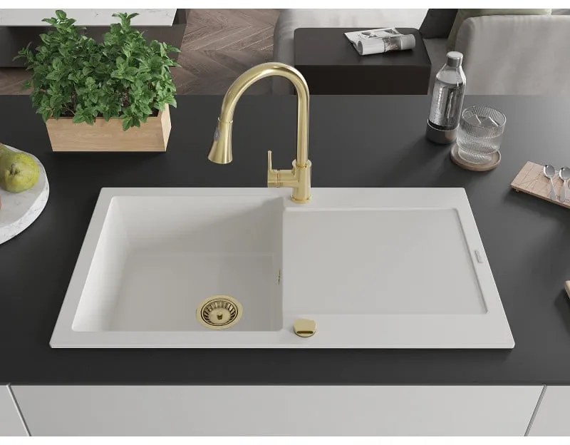 Mexen Leo, 1-komorový granitový drez 900x500x190 mm a drezová batéria Elia, biela, 6501-20-670101-50