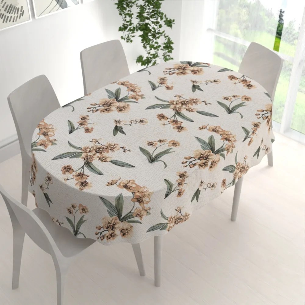 Biante Bavlnený oválny obrus Sandra SA-624 Hnedé orchidey na bielom 50x100 cm