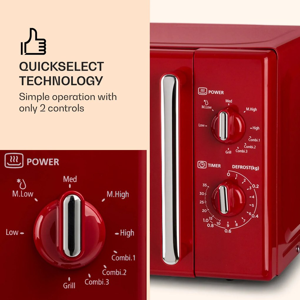 Klarstein Caroline, mikrovlnná rúra, 20 l, 700/1000 W, Ø 25,5 cm, QuickSelect, retro, červená