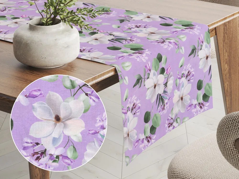 Biante Dekoračný behúň na stôl PML-044 Kvety magnólie na fialovom 45x180 cm