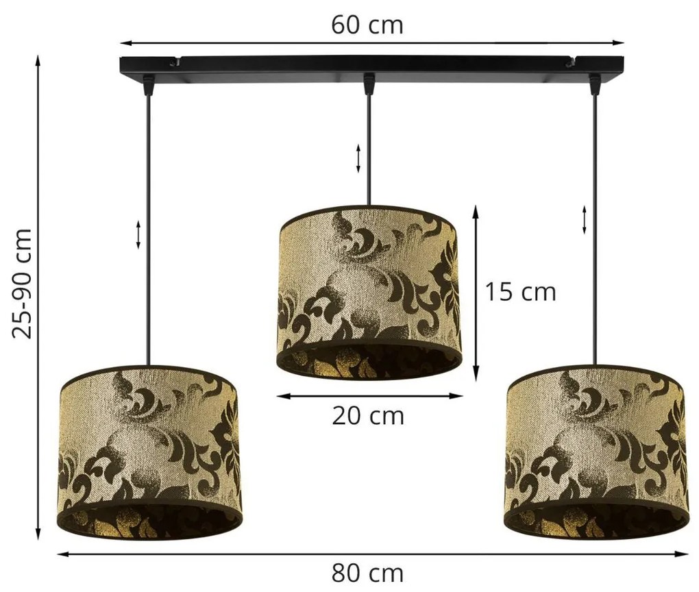 Závesné svietidlo Werona 1, 3x čierne/zlaté textilné tienidlo so vzorom