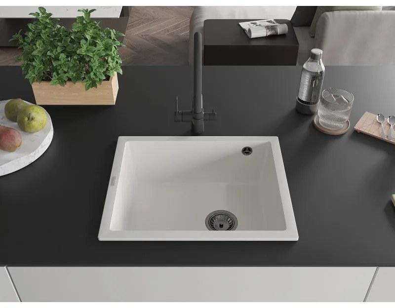 Mexen Pedro, granitový drez 560x460x200 mm, 1-komorový, biela s čiernym sifónom, 6508561000-20-B