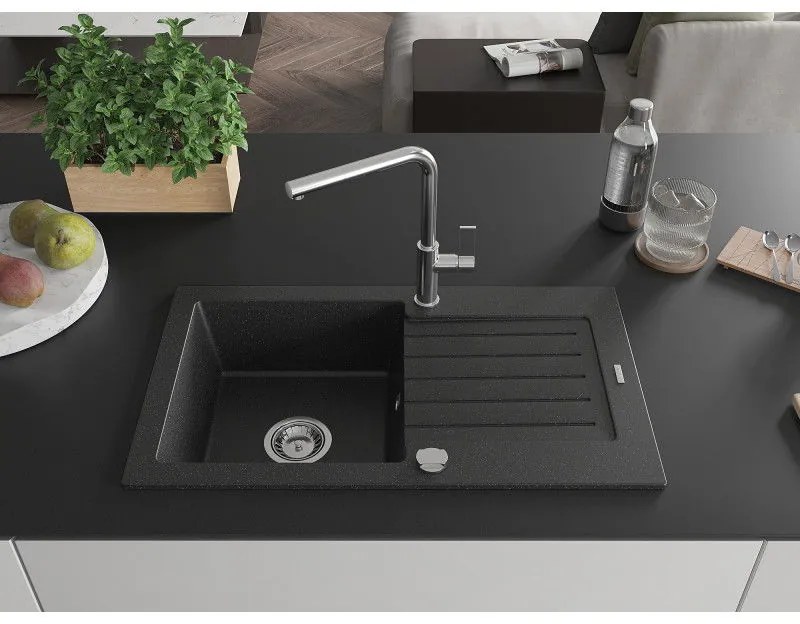Mexen Pablo, 1-komorový granitový drez 752x436x161 mm a drezová batéria Flora, čierna-strieborná metalíza, 6510-73-670401-00