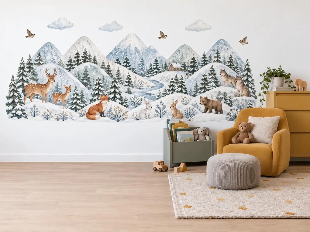 Zasnežené hory a zvieratká zimné akvarelové nálepky za detskú posteľ na stenu hárok 46 x 18 cm