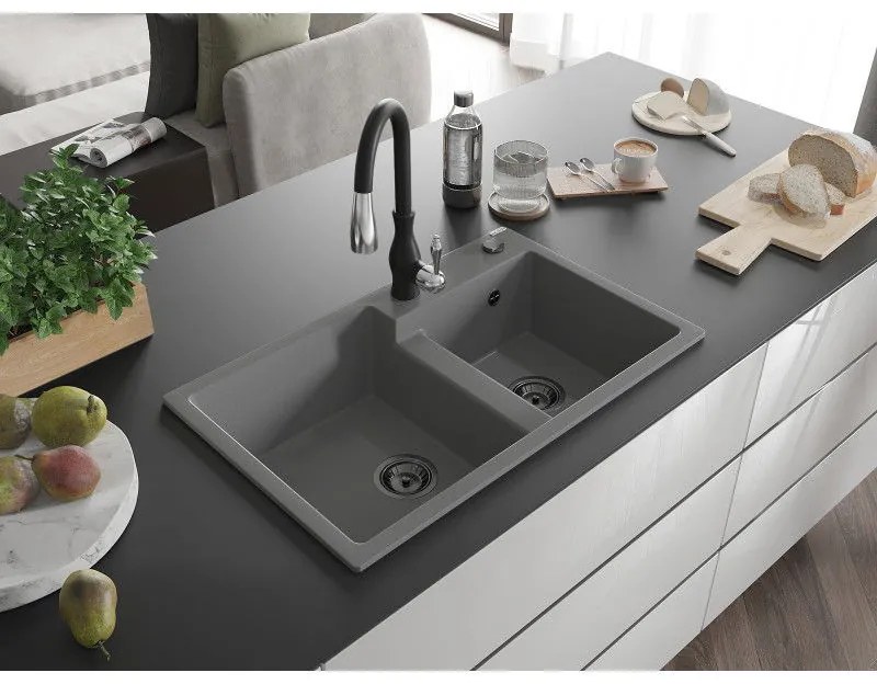 Mexen Tomas, granitový drez 800x500x190 mm, 2-komorový a drezová batéria Savita, šedá, 6516-71-672601-70-B