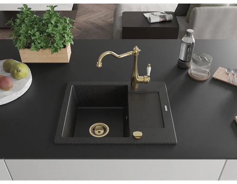Mexen Enzo, granitový drez 576x465x174 mm, 1-komorový a drezová batéria Carla, čierna-strieborná metalíza, 6506-73-670700-50