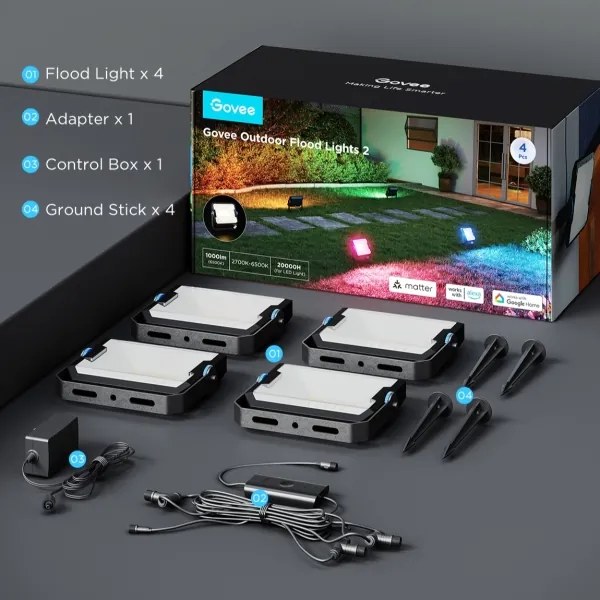 Govee - Súprava 4× stmievateľných LED reflektorov RGBICWW, 24 W, 230 V, IP66, s podporou Matter a Wi‑Fi