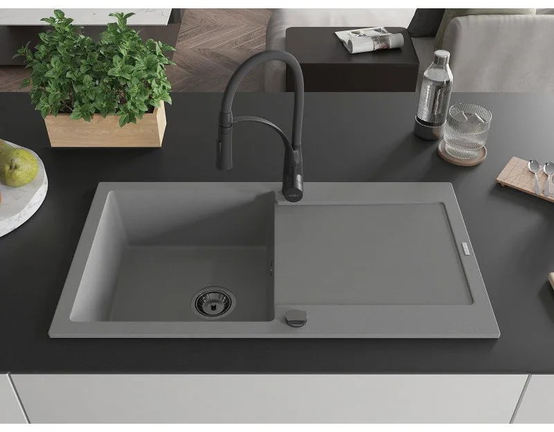 Mexen Leo, granitový drez 900x500x190 mm, 1-komorový a drezová batéria Aster, šedá, 6501-71-73450-70-B