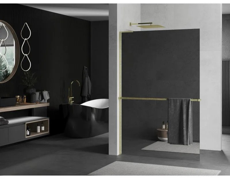 Mexen Kioto+ L, sprchová zástena Walk-In s poličkou a vešiakom 120 x 200 cm, 8mm sklo vzor zrkadlo, zlatý matný profil, 800-120-123-55-50