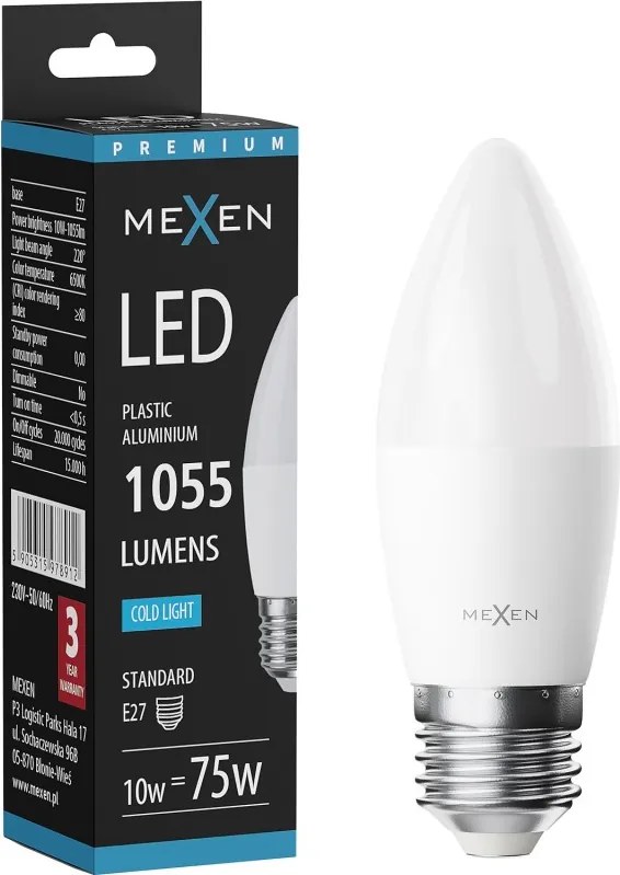 Mexen Nova, LED žiarovka E27, C37, 10W, Studená - 6500K, 1055 lm - L102-E27-1065-01