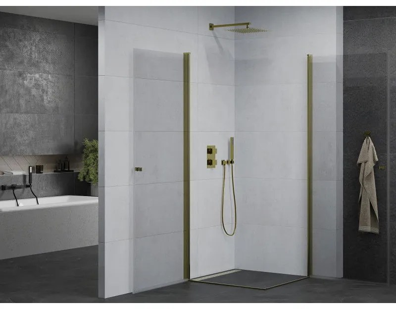 Mexen Pretoria Duo, sprchovací kút s 2-krídlovými dverami 90 (dvere) x 90 (dvere) cm, 6mm číre sklo, zlatý profil, 852-090-090-50-00-02