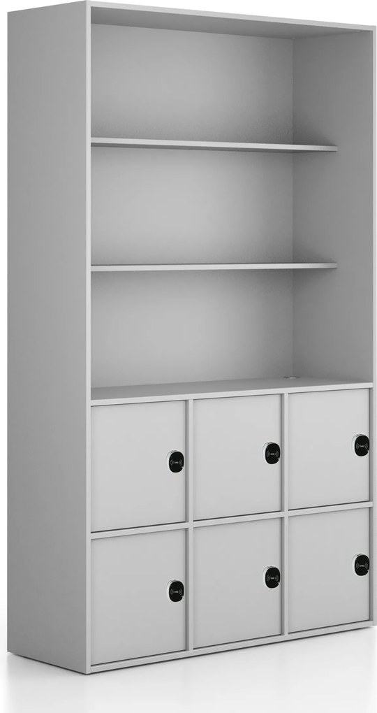 Kancelárska skriňa FRAME, 6x dvere, 2x polica, 1299 x 450 x 2162 mm, RFID zámok, sivá