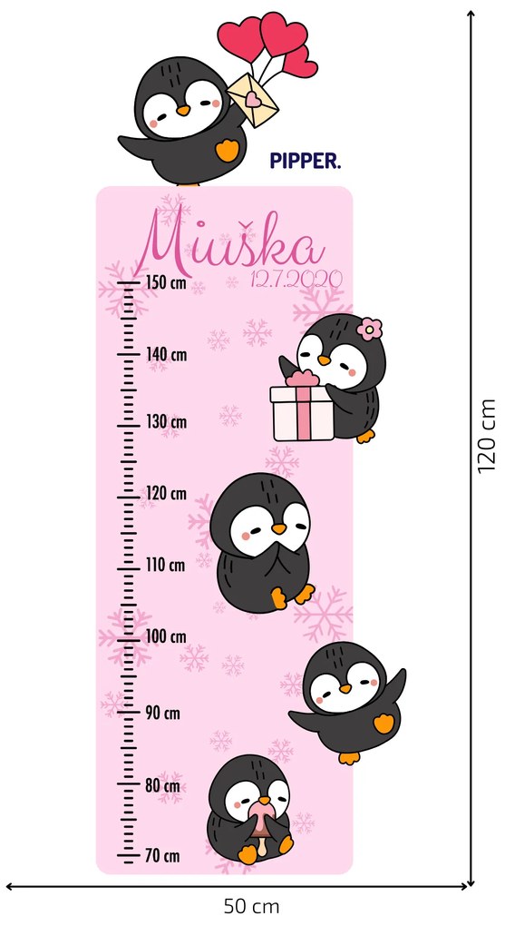 PIPPER. Textilná nálepka na stenu "Detský meter s menom - Tučniaky"