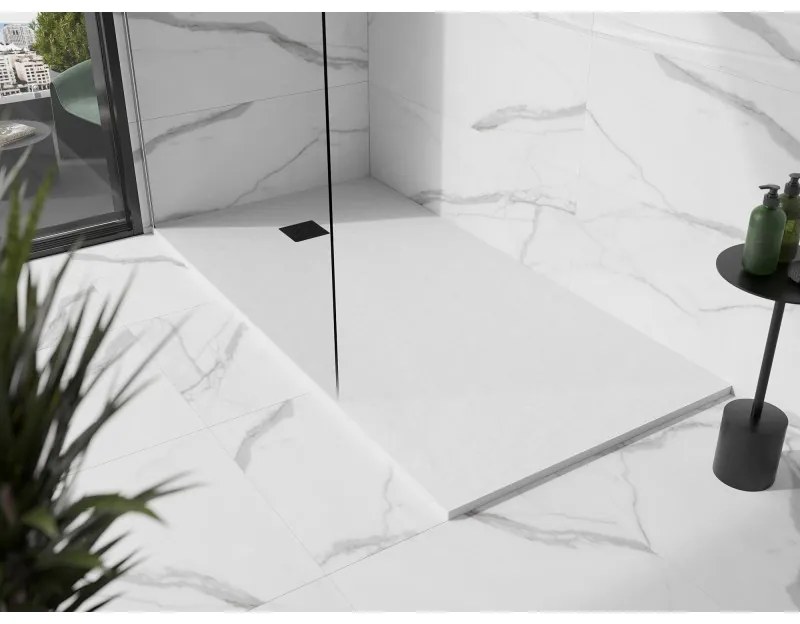 Mexen Stone+, obdĺžniková vanička z minerálneho kompozitu 180 x 80 cm, biela, čierna krytka, 44108018-B