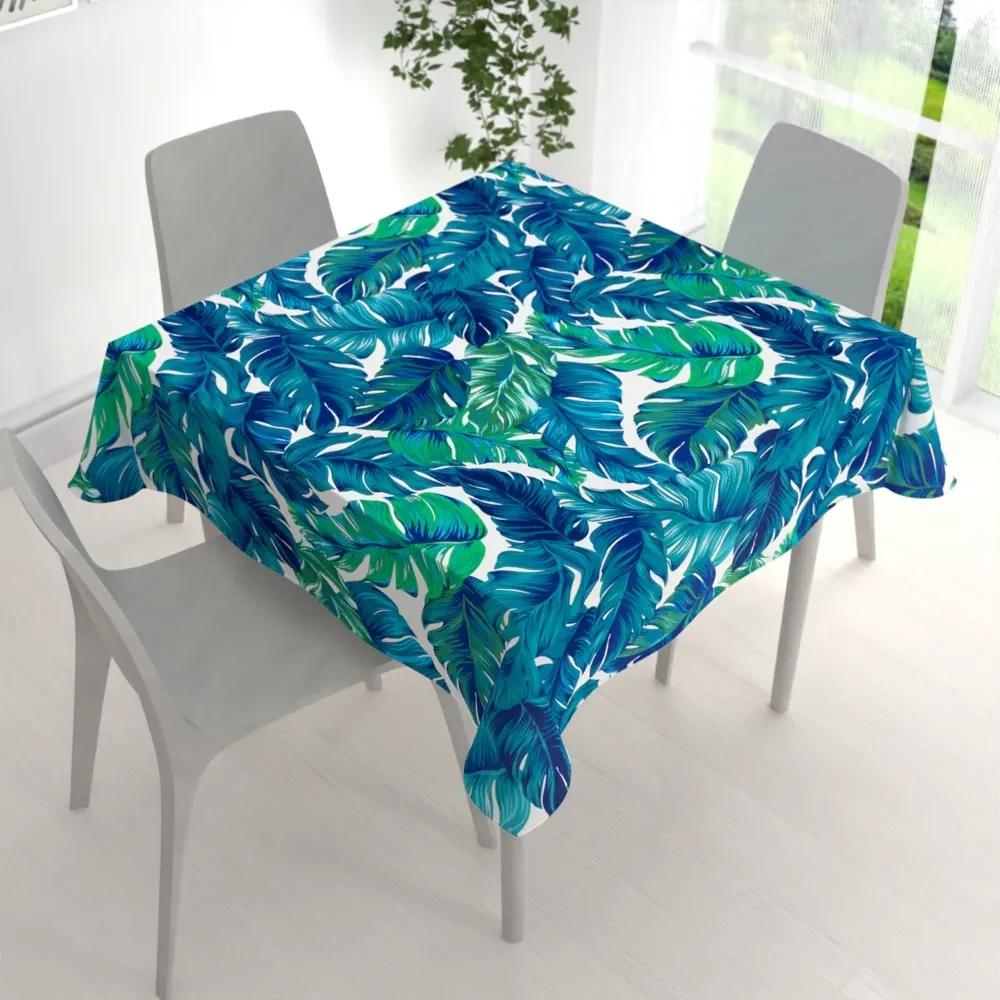 Biante Bavlnený štvorcový obrus Sandra SA-606 Modro-zelené tropické listy na bielom 140x140 cm