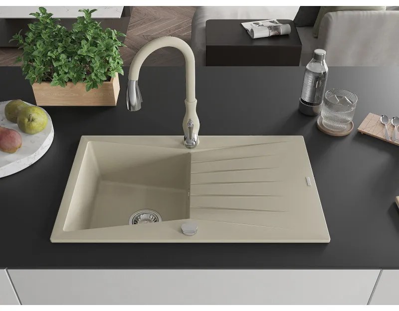 Mexen Cesar, 1-komorový granitový drez 775x470x190 mm a drezová batéria Savita, béžová, 6514-69-672601-69