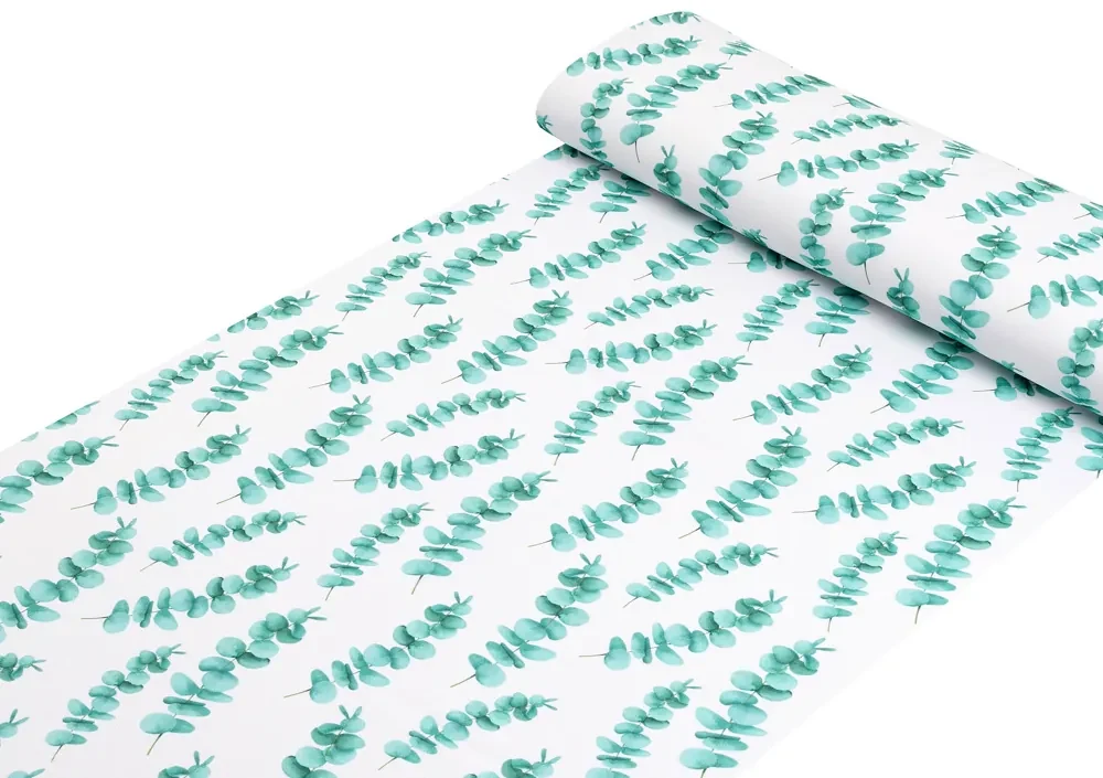 Biante Teflónový behúň na stôl TF-089 Tyrkysové listy eukalyptu na bielom 20x180 cm