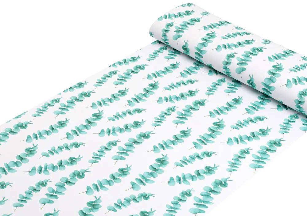 Biante Teflónový behúň na stôl TF-089 Tyrkysové listy eukalyptu na bielom 35x180 cm