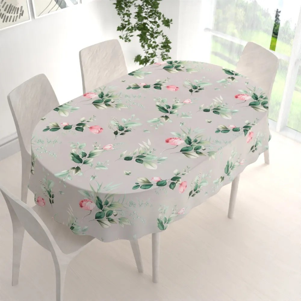 Biante Bavlnený oválny obrus Sandra SA-452 Ružové kvety na sivom 140x180 cm