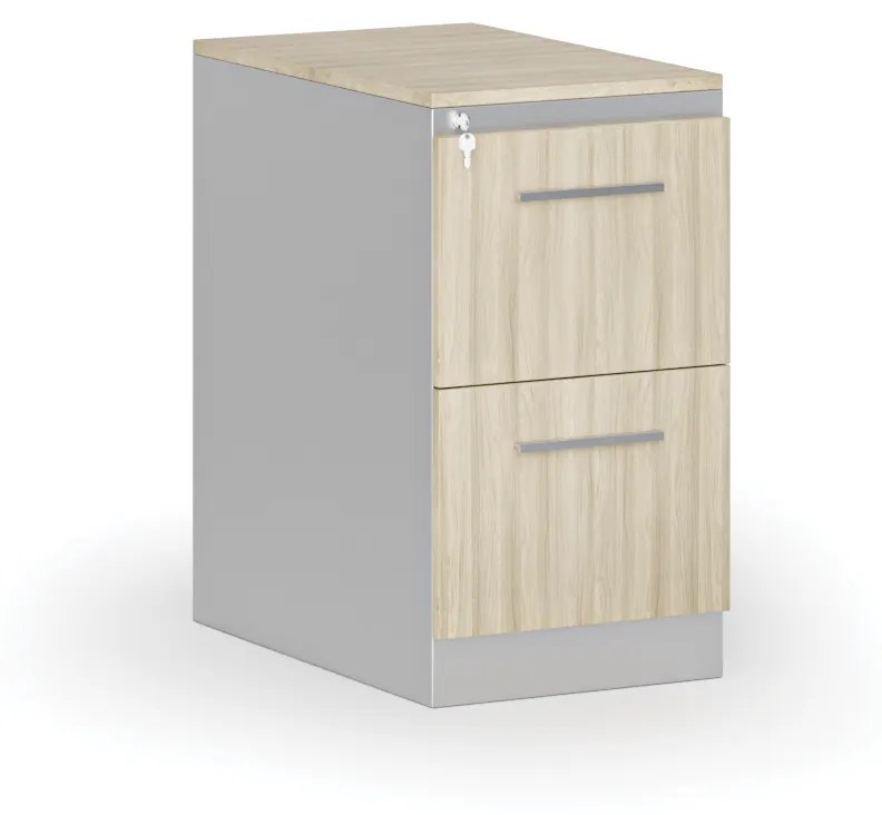 Kovová zásuvková kartotéka PRIMO s drevenými čelami A4, 2 zásuvky, sivá/dub prírodný