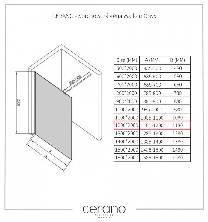 Cerano Onyx, sprchová zástena Walk-in 120x200 cm, 8mm číre sklo, čierny matný profil + polička/držiak na uteráky, CER-CER-476933