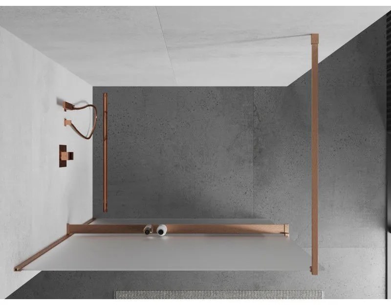 Mexen Kioto+, sprchová zástena Walk-In s poličkou a vešiakom 140 x 200 cm, 8mm sklo námraza, medený matný profil, 800-140-121-65-30