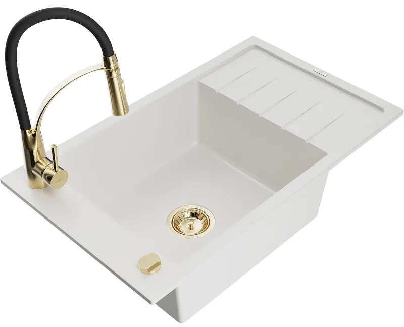 Mexen Elias, 1-komorový granitový drez 795x480x200 mm a drezová batéria Aster, biela, 6511-20-73450-57-G