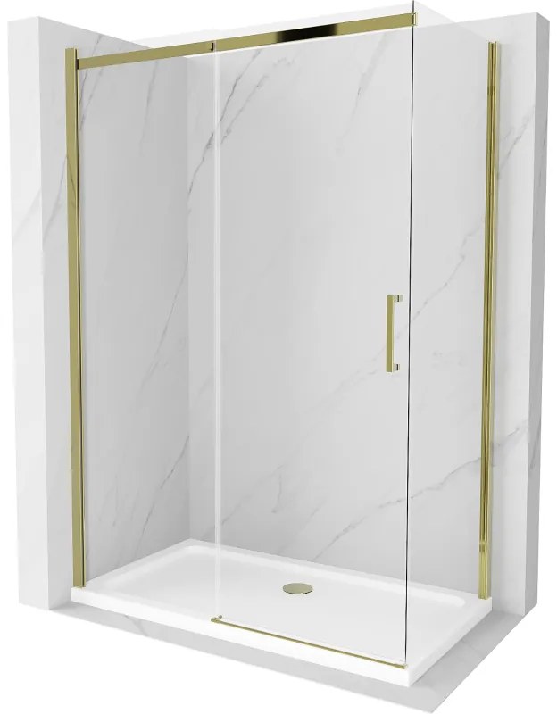 Mexen Omega, sprchovací kút s posuvnými dverami 140 (dvere) x 70 (stena) cm, 8mm číre sklo, zlatý profil + slim sprchová vanička 5cm, 825-140-070-50-00-4010