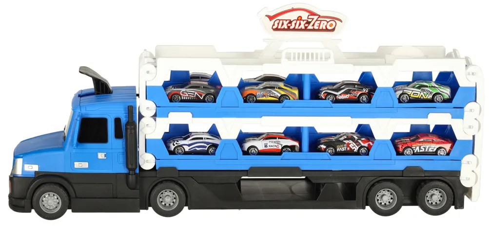 Autodráha a transportér vozidiel KIK so 10 autíčkami, modrý