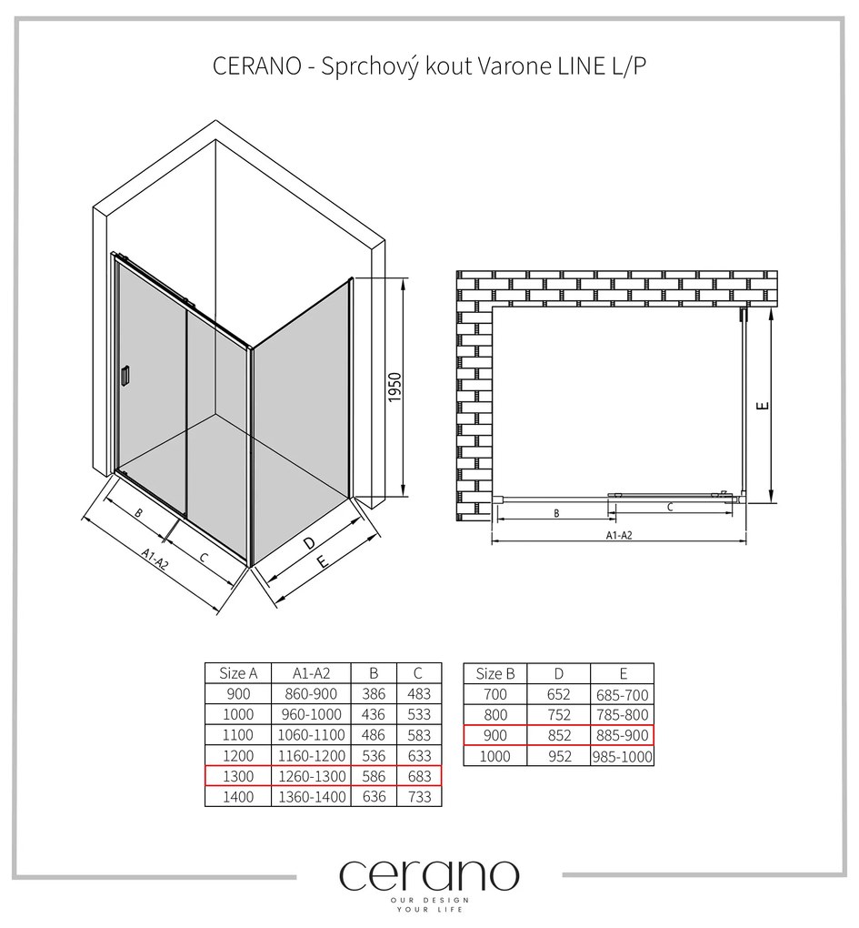 CERANO - Sprchovací kút Varone LINE L/P - čierna matná, transparentné sklo - 130x90 cm - posuvný, CER-CER-DY505B-90111