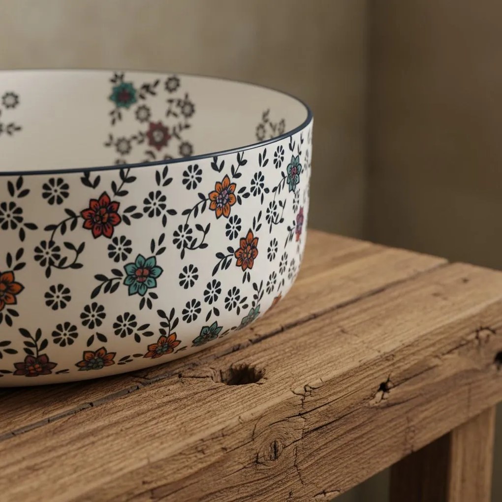 Rea Stefania Fiori, umývadlo na dosku 360x360x120 mm, biela so vzorom, REA-U9853