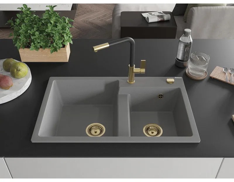 Mexen Tomas, 2-komorový granitový drez 800x500x190 mm a drezová batéria Flora, šedá, 6516-71-670401-57-G