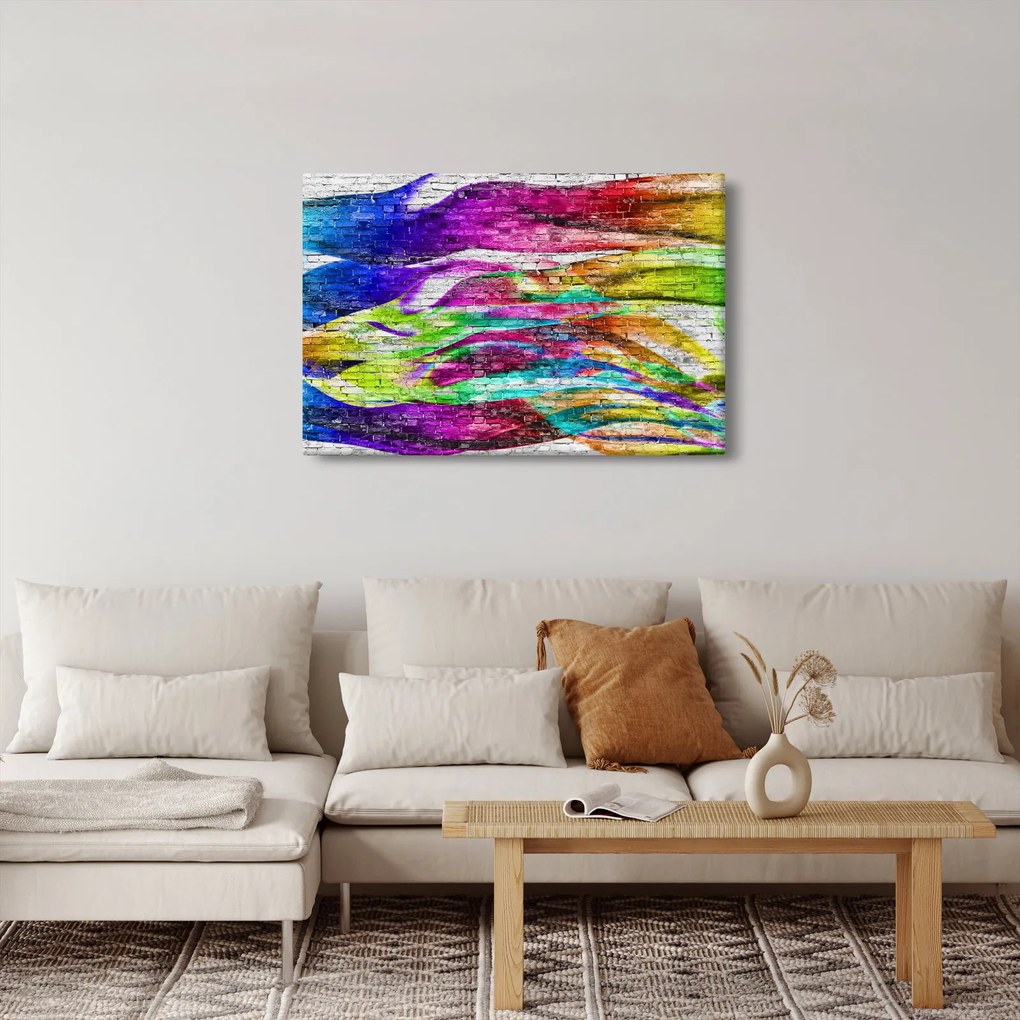 Obraz - Tehlový múr s farebnými plameňmi (90x60 cm)