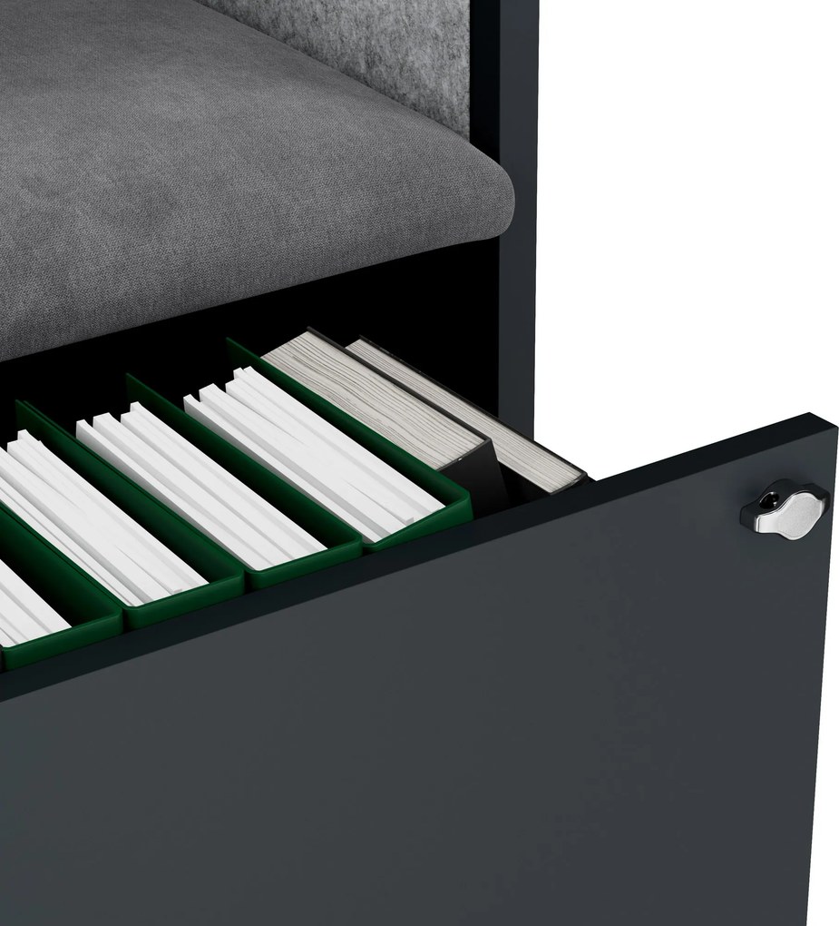 Kancelárska akustická kabína so sedadlom a portom USB-C, telo v antracitovej farbe / sedadlo v sivá farbe, 600 mm: SALLY MentalBox