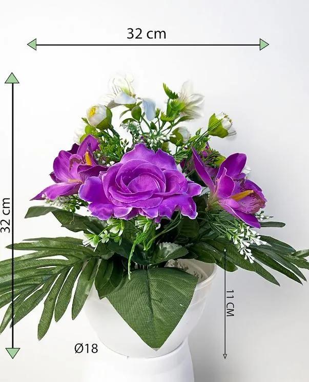 Umelá dekorácia s chryzantémou a ružou, fialová, 32 cm