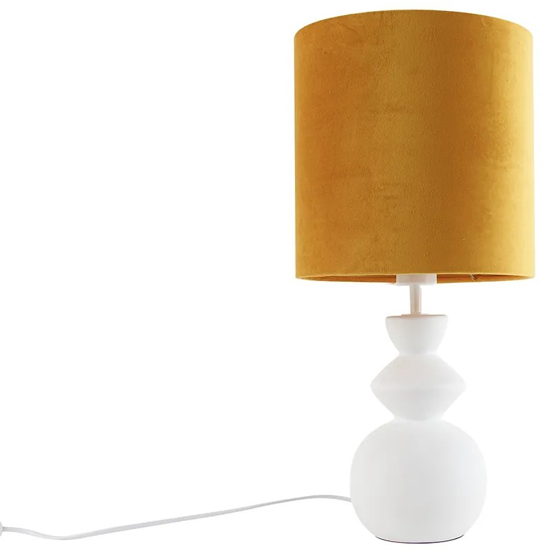 Dizajnová stolná lampa s bielym zamatovým tienidlom žlté so zlatom 25 cm - Alisia