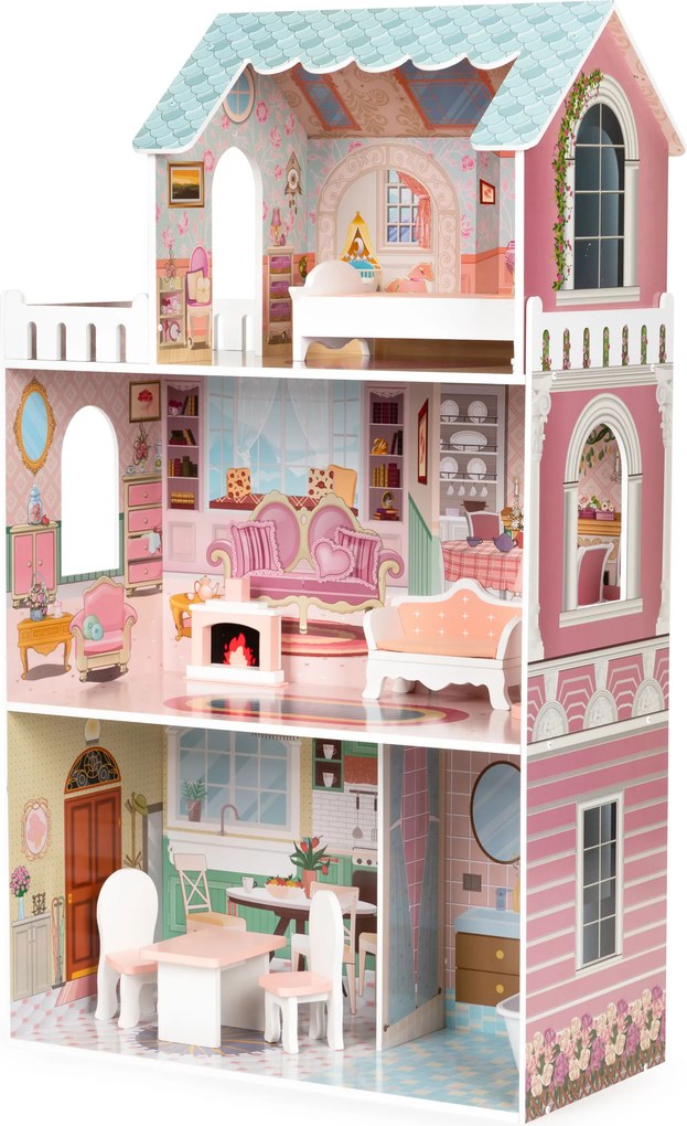 Veľký drevený domček pre bábiky ECOTOYS – 3 poschodia, 9 dielikov nábytku (pre Barbie)