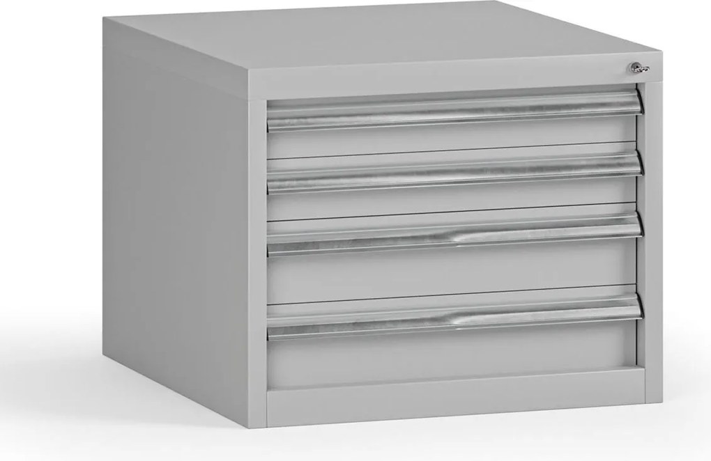 Závesný dielenský box na náradie G345 k pracovným stolom do dielne, 4 zásuvky, 565 x 580 x 450 mm, sivá