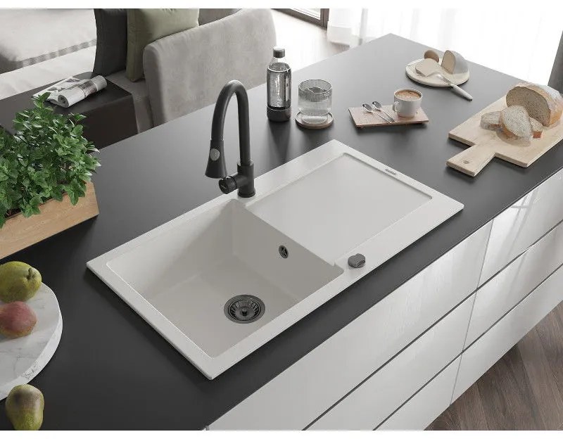 Mexen Leo, 1-komorový granitový drez 900x500x190 mm a drezová batéria Elia, biela, 6501-20-670101-70