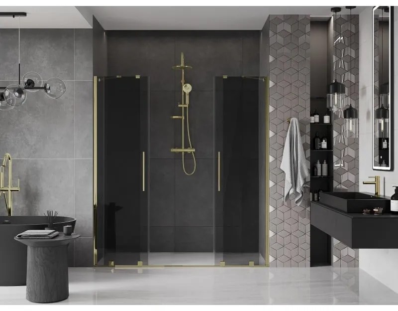 Mexen Velar Duo, posuvné sprchové dvere do otvoru 200 cm, 8mm šedé sklo, zlatá lesklá, 871-200-000-42-50