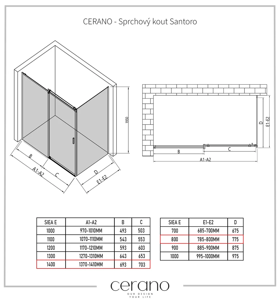 Cerano Santoro, sprchovací kút s posuvnými dverami 140(dvere) x 80(stena) x 195 cm, 6mm šedé sklo, čierny profil, CER-CER-425497