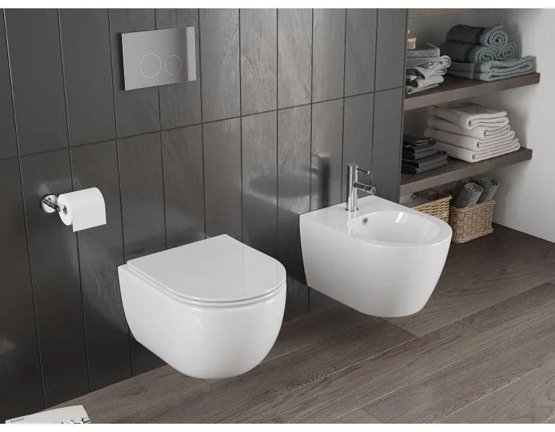 Mexen Carmen, závesná WC misa 490x365x340 mm, Rimless Tornádo + WC sedadlo z duroplastu, biela lesklá, 30880400T