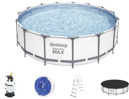 Nadzemný bazén Bestway Steel Pro MAX 457x122 cm rámový s pieskovou filtráciou, schodíkmi a zakrývacou plachtou svetlosivý