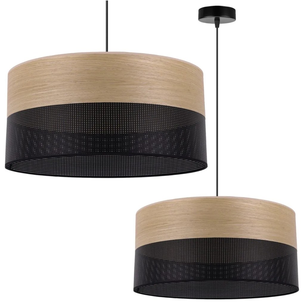 Závesné svietidlo Wood, 1x dýha zlatý dub/čierne PVC tienidlo, (fi 44cm)
