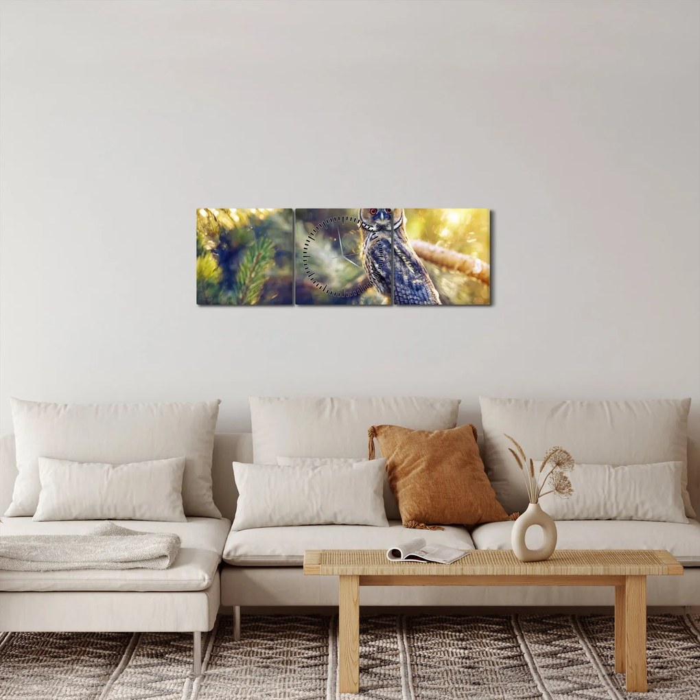Obraz sovy na strome (s hodinami) (90x30 cm)