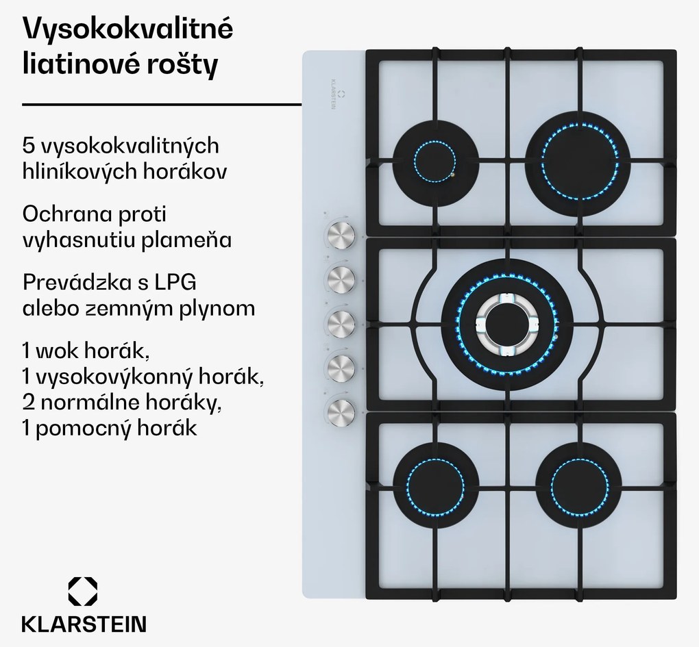 Klarstein Ignito 5-zónová plynová varná doska, 5 Horákov, elektr. zapaľovanie, Wok, na skvapalnený alebo zemný plyn