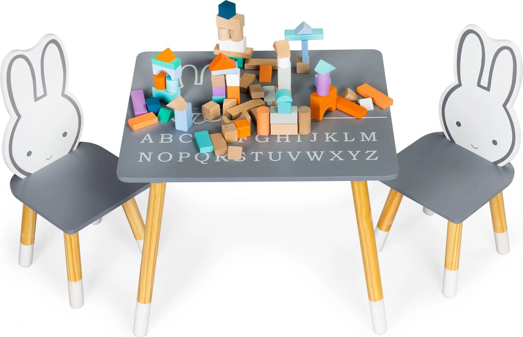 ECOTOYS detský set: stolík + 2 stoličky, skandinávsky štýl, s abecedou